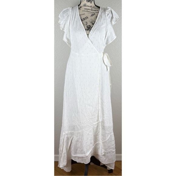 DREW Women's Maggie Hi-Low Wrap Maxi Dress White Gold Dotted, size Small - Picture 2 of 11